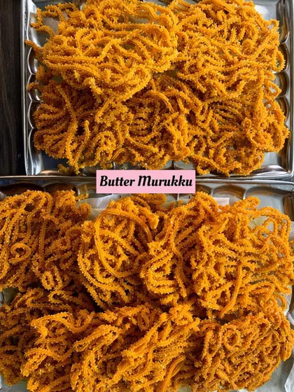 Freshly made Butter Murukku, a classic South Indian snack. It's crispy, savory, and melts in your mouth. Perfect for any time of the day.