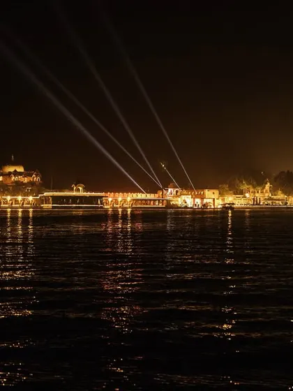 A view of the entire Jagmandir island lit up for a wedding celebration. My team and I coordinate complex lighting and technical setups to make the entire venue glow.