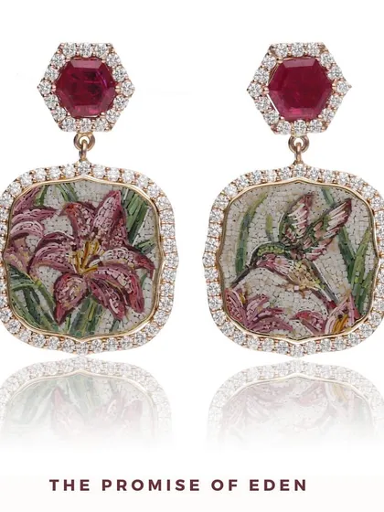 Featured in India Today Spice's "Objects of Desire," my "Promise of Eden" earrings are showcased for their exquisite craftsmanship. The piece combines 18k gold, Gemfields rubies, and detailed mosaic art.