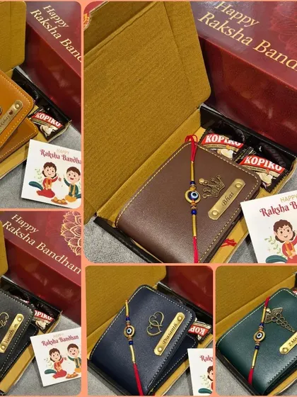 A collage showing my passport holder gift sets in various colors. Each set comes with a matching evil eye rakhi and chocolates, perfect for Raksha Bandhan.