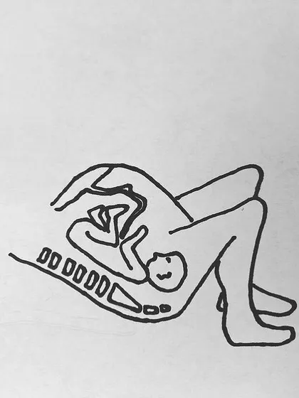 This simple drawing shows a baby in the occiput posterior (OP) or "sunny-side up" position. Lying on your back can encourage this position, which may lead to back labor. I teach upright and forward-leaning positions to help baby get into an optimal alignment.