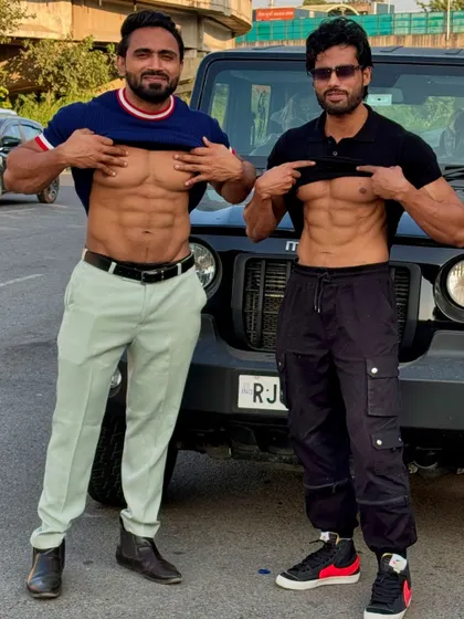 6 pack anytime. Showing off our abs with a friend.