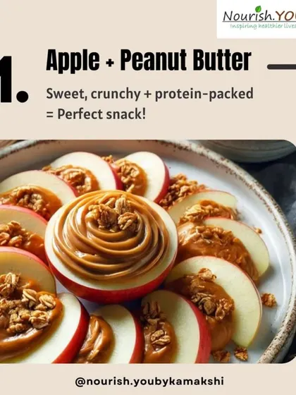 An apple with peanut butter is the perfect snack. This graphic highlights how this sweet, crunchy, and protein-packed combo is a great example of pairing fiber with healthy fats and protein.