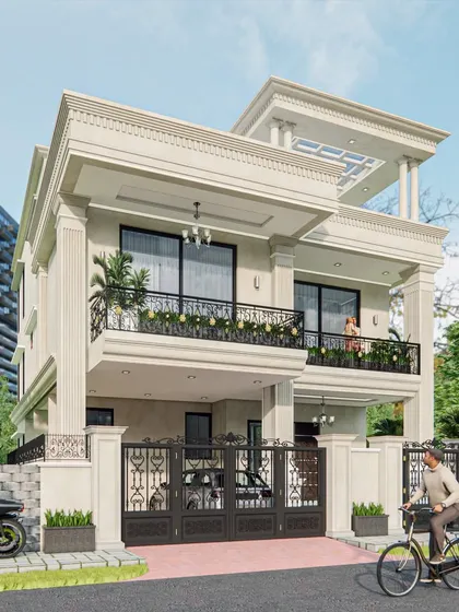 A corner view of the classic and modern fusion home. The design is flooded with natural light through expansive glass windows, making the home feel open, airy, and inviting.