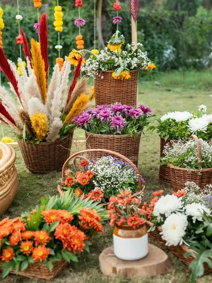 A collection of rustic floral arrangements in wicker baskets and ceramic pots, featuring pampas grass and a variety of colorful flowers.