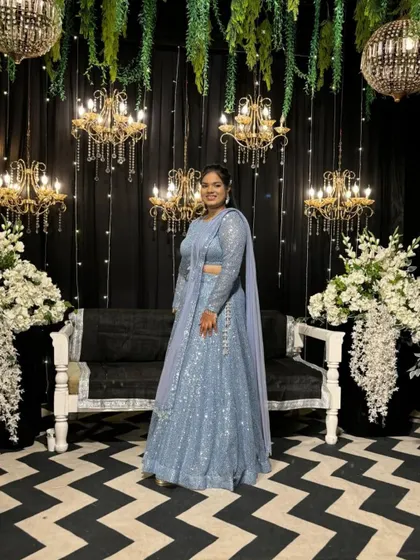 Another beautiful shot of the powder blue sequin lehenga against a glamorous backdrop. This outfit was made for grand celebrations.