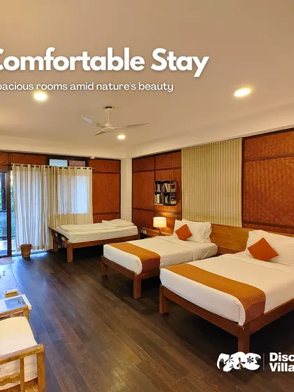Our spacious rooms at Nandi Hills are perfect for families and groups, offering comfortable bedding and views of nature's beauty.