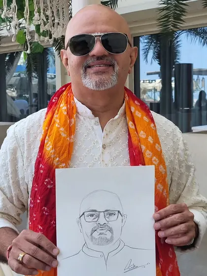 Each portrait is a quick, expressive sketch done with graphite. I focus on capturing a likeness and a bit of personality in just a few minutes, so more of your guests get a chance to have their portrait done. This gentleman was a great sport at a wedding in Janakpuri.