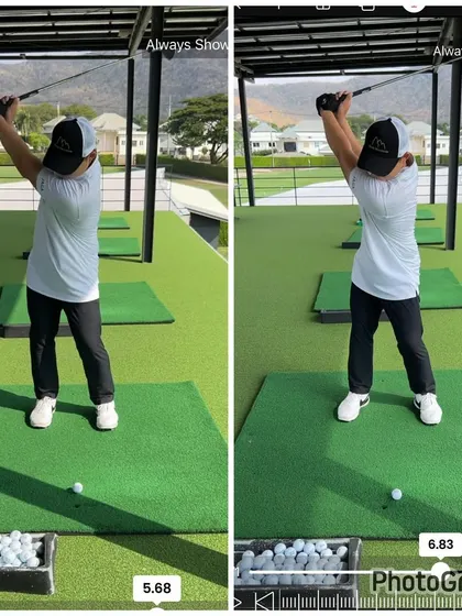 Comparing the top of the backswing. The improved position in the "after" photo sets the player up for a powerful and on-plane downswing.