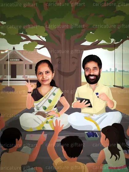 A heartwarming retirement gift for two beloved teachers from their students. The caricature depicts them under a tree, teaching children, celebrating their long and impactful careers.