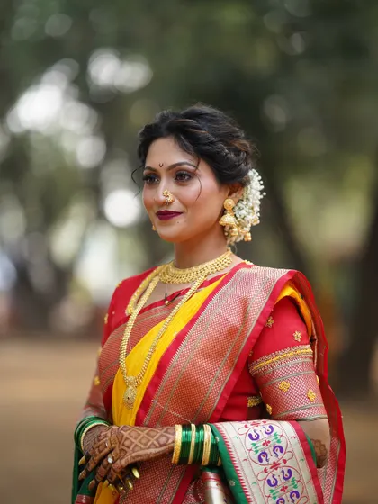 A close-up portrait highlighting the bride's flawless makeup and traditional jewelry. The soft, natural lighting enhances her radiant glow.