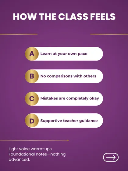 This is how our class feels: you learn at your own pace, there are no comparisons with others, mistakes are okay, and you always have supportive teacher guidance.