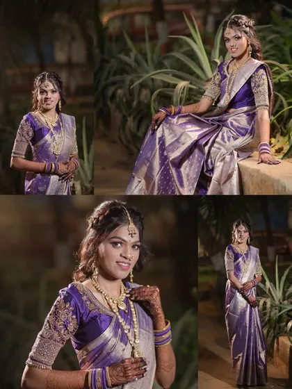 A collection of solo portraits of the bride in her shimmering purple silk saree. These photos capture her grace and the beauty of her traditional Maharashtrian engagement look.