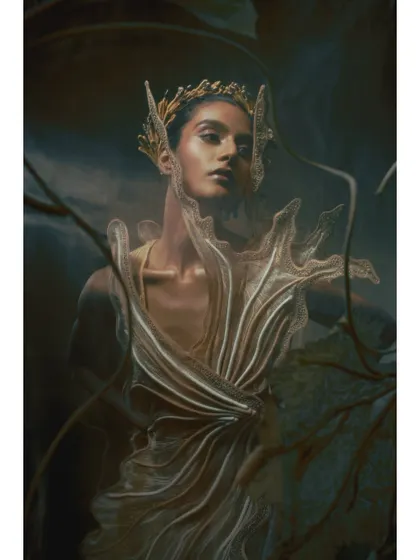 A close-up portrait from the Vaishali S campaign. The framing through abstract foreground elements adds depth and a sense of being immersed in a magical, natural world.