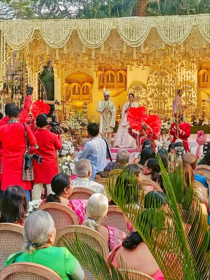 A musical wedding phere against the stunning backdrop of the Mahalaxmi Racecourse. I believe the sacred vows become even more special when accompanied by soulful, live music. Here you can see my team of singers and musicians creating a divine atmosphere for the couple's most important moments.