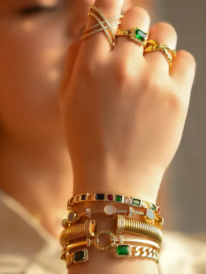 Emeralds and gold are a match made in heaven. This shot showcases a stack of my emerald, pearl, and gold bangles, paired with matching rings.