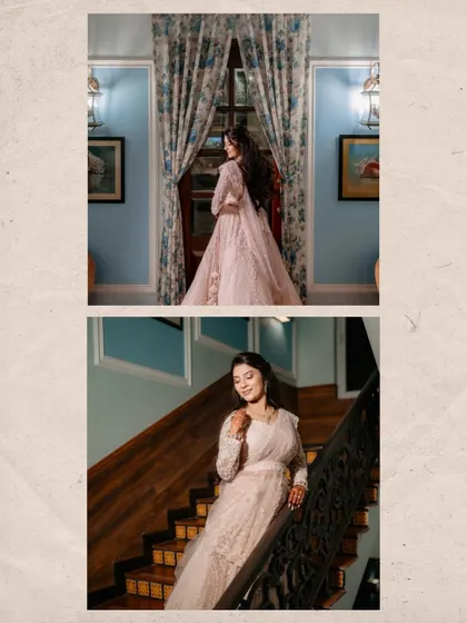 A collage of the bride getting ready for her Sangeet. The images capture her elegance and the beautiful details of her outfit as she prepares for a night of dancing.