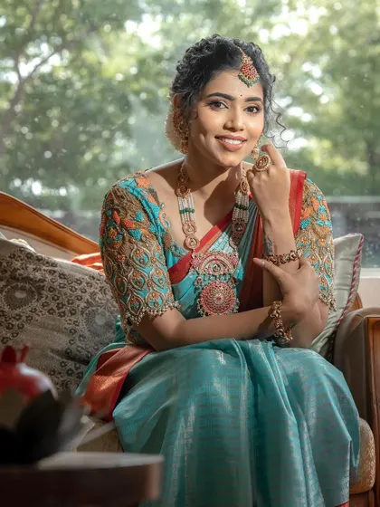 A happy and radiant portrait. The makeup enhances her beautiful smile and gives her a special glow.