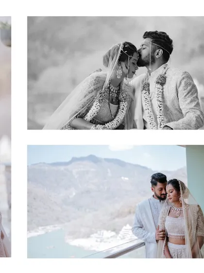 A collage featuring romantic couple portraits against the stunning backdrop of Rishikesh. The mix of color and black and white shots tells a complete love story.