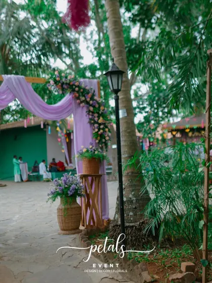 Another view of the elegant and colorful entrance decor, perfect for welcoming guests to a pre-wedding celebration.