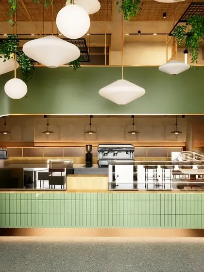 A design concept for a new patisserie in Goa. We aimed to celebrate the building's Art Deco history while creating a fresh, modern identity, using curved forms and a palette of green and brass.