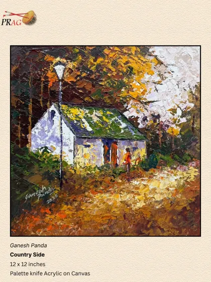 'Country Side' by Ganesh Panda, a charming palette-knife painting of a rustic house, its thick textures and warm colors evoking a sense of nostalgia.