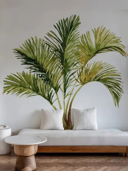 This living room features a large Palm Tree wall sticker, creating a stunning and natural focal point. The design adds a sense of calm and relaxation to the space.