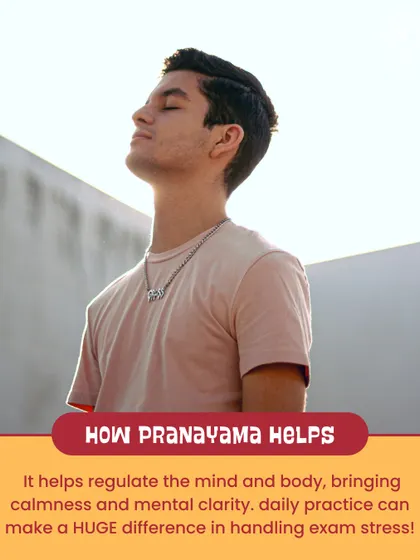 Pranayama is a powerful tool for students facing exam stress. This infographic explains how controlled breathing helps regulate the mind and body, bringing calmness and clarity.