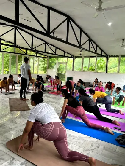 Students in Ashwa Sanchalanasana (Equestrian Pose) during our Rishikesh retreat. The spacious hall allowed for a powerful and unified group practice.