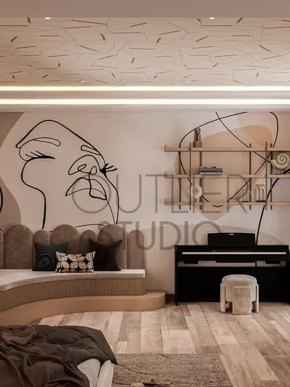 This wide view of the teenage girl's bedroom shows how the curved bay window seating, study area, and even a piano are seamlessly integrated into the design, creating a multi-functional and artistic space.