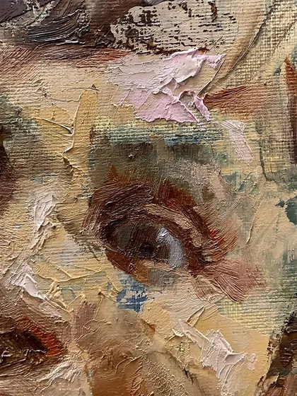 A close-up of an eye from "The Smile Spectrum," showing the detail and texture of the oil paint.
