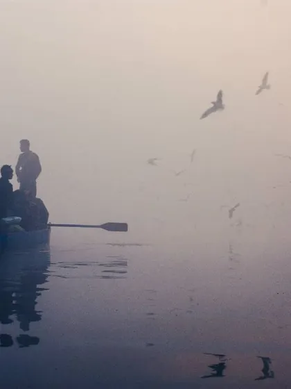 As the sun begins to burn through the fog, the scene is washed in a warm, hazy light. This photo captures that magical moment of transition between dawn and day.