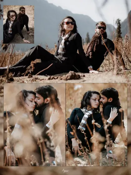 A collection of adventurous and romantic shots of Rahul and Priyanka in a rustic, mountainous terrain. These images capture their connection amidst the raw beauty of nature.
