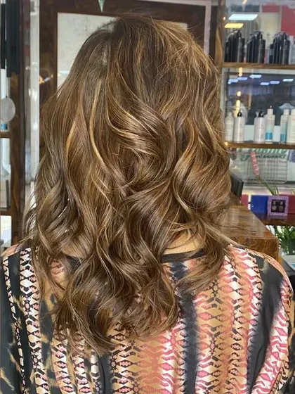 A back view of this global color and highlights combination. You can see the different tones from the salon's lighting, showing the dimension I created.