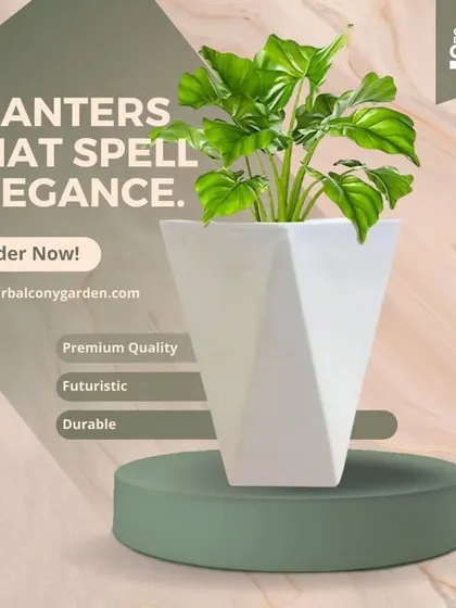 Planters that spell elegance. This graphic showcases our futuristic and durable geometric FRP planter, a perfect choice for adding a touch of modern sophistication to your space.