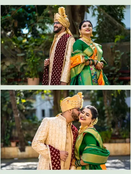 A candid and a posed portrait of a Maharashtrian couple. We provide a mix of shots, from formal poses to spontaneous laughter, to give you a complete collection of memories.