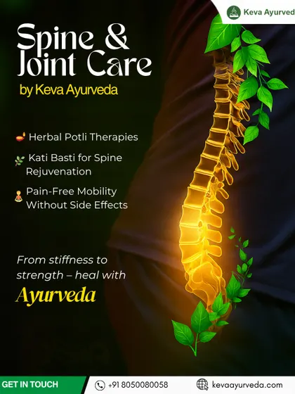 We address the root cause of spine and joint issues. This visual represents our targeted therapies like Kati Basti and Herbal Potli, which are designed to rejuvenate the spine, reduce inflammation, and restore pain-free mobility without side effects.