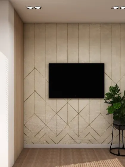 This 3D visualization showcases a feature wall with geometric patterns, designed as a backdrop for a screen in a meeting room or cabin. This process ensures the design element fits the room's aesthetic perfectly.