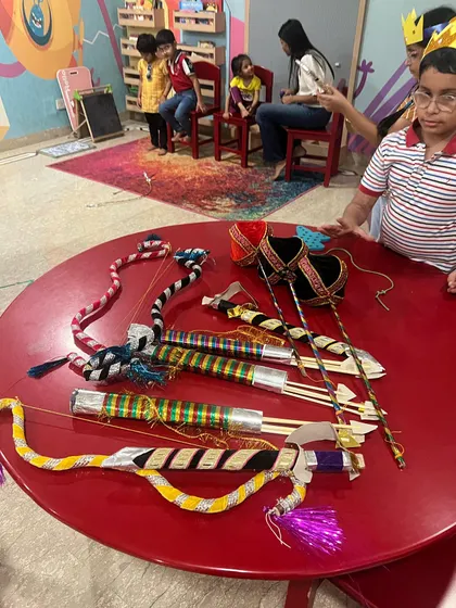 A closer look at the intricate, handmade props for our Ramleela play, crafted with care by the children and me.