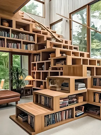 A truly unique storage solution where the entire staircase is a library. This design provides an incredible amount of shelving for books and decor, turning a functional element into a masterpiece.