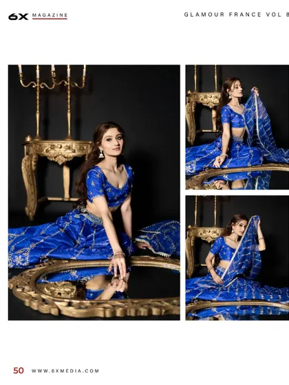 Another page from my published editorial in Glamour France, featuring a beautiful blue lehenga. The mirror adds a creative, reflective element to the composition.