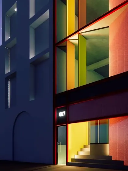 A conceptual render for an office building facade in Defence Colony. We used a vibrant palette of colored glass to create a playful and dynamic exterior that stands out in the urban environment.