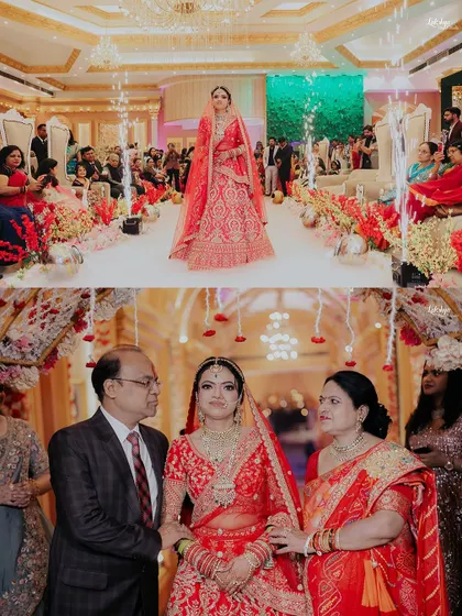 A collage capturing the bride's grand entrance. The top photo shows her walking down the aisle, while the bottom shows her being escorted by her emotional parents.