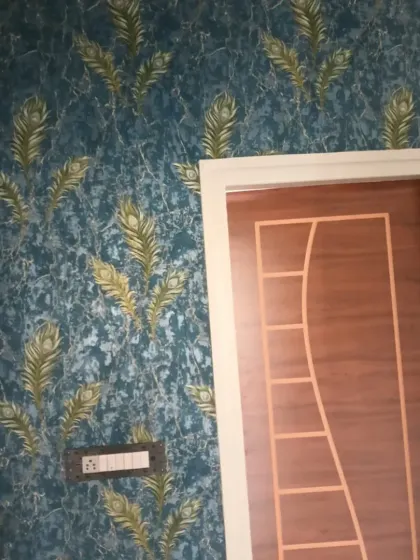 A unique peacock feather wallpaper in shades of teal and gold. This elegant pattern adds a touch of luxury and is perfect for an accent wall.