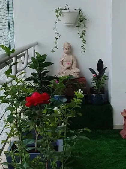 A beautiful red rose in bloom, showing that we select a mix of flowering and foliage plants to provide color and interest throughout the year.