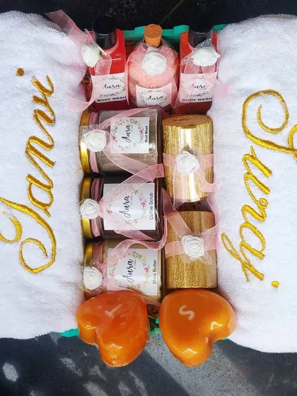Wedding season is my favorite season. This trousseau hamper is packed with goodies, including personalized towels, initial soaps, luxury candles, and a variety of my organic bath products.