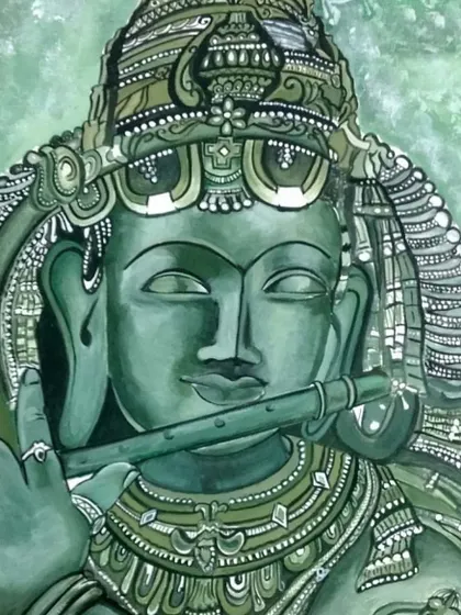 A monochrome green painting of Krishna playing the flute. This unique color choice gives the traditional image a modern and serene feel.