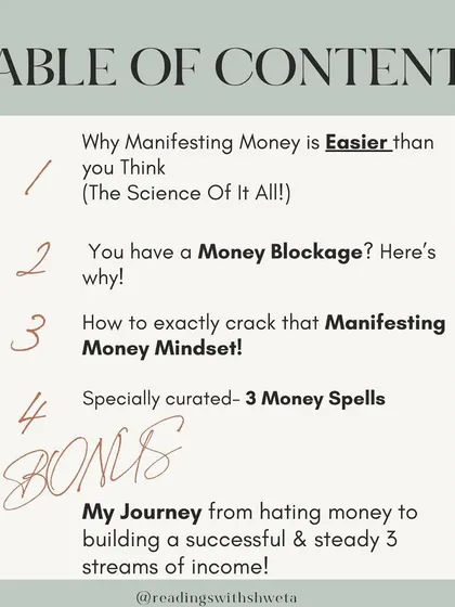 A look at the table of contents for my money e-book. You'll learn why manifesting is easier than you think, how to identify blockages, and get access to three custom money spells.