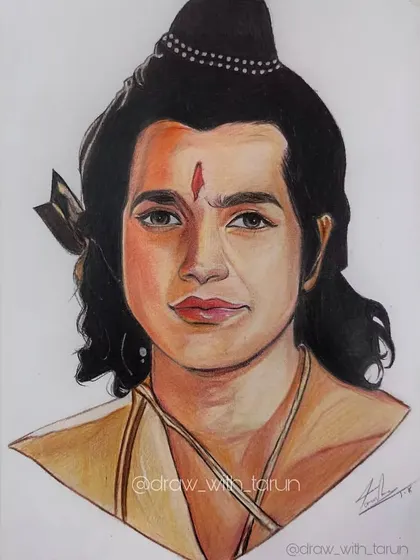 A wider view of the Shri Ram color pencil drawing, showing the full bust portrait.