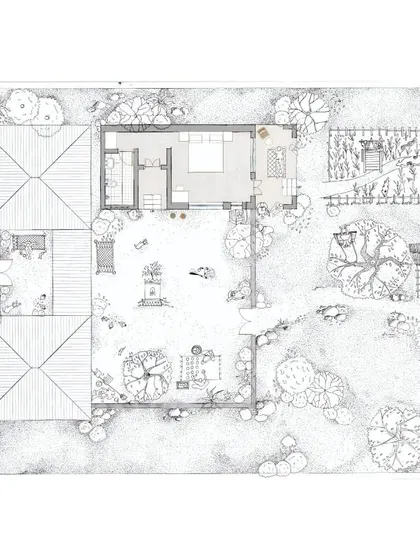 A detailed site plan illustration showing how a homestay unit relates to the family's main house, the cattle shed, and the kitchen garden. This visual tool was essential for our collaborative design discussions with the villagers.